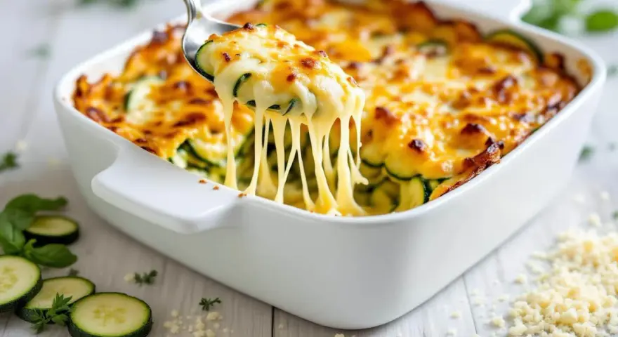 Une cuillère soulève une portion généreuse de gratin de légumes, révélant des courgettes fondantes sous un fromage doré et filant.