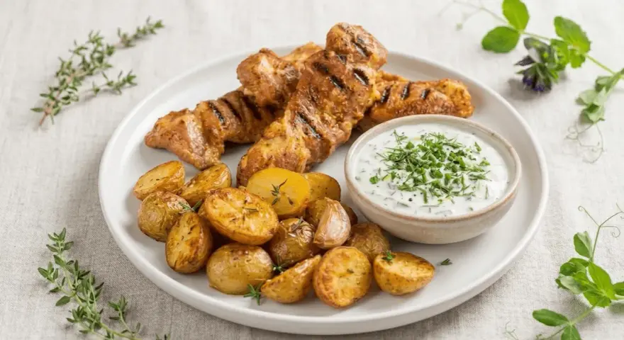 Brochettes de porc grillées, pommes de terre rôties et sauce crémeuse aux herbes. Un délice de marinade porc.