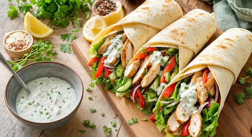 Trois wraps généreux remplis de poulet grillé, légumes frais et une sauce onctueuse pour wrap. Un délice !