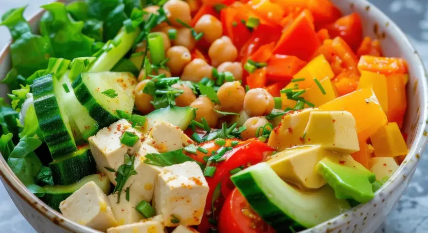 Un bol coloré de salade originale avec tofu, pois chiches, concombre, poivrons, avocat et herbes fraîches.