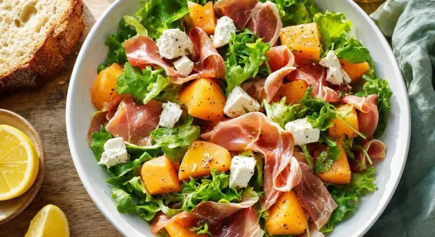 Salade melon feta avec prosciutto, roquette et laitue. Des morceaux de melon juteux, de la feta crémeuse et des tranches de prosciutto se mêlent à des feuilles vertes fraîches.