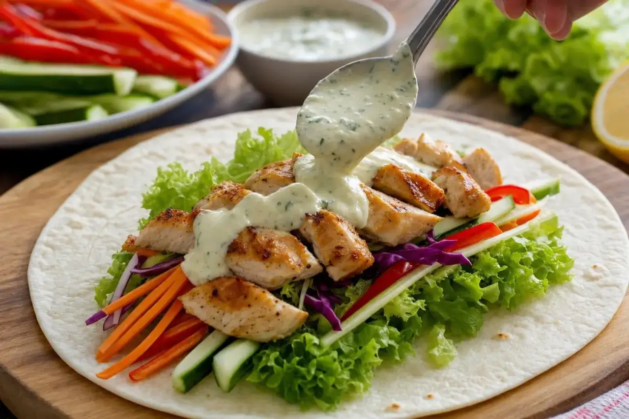 Une cuillère verse une sauce crémeuse sur un wrap garni de poulet grillé, laitue, carottes, concombre et chou rouge. Parfait pour une recette sauce wrap.
