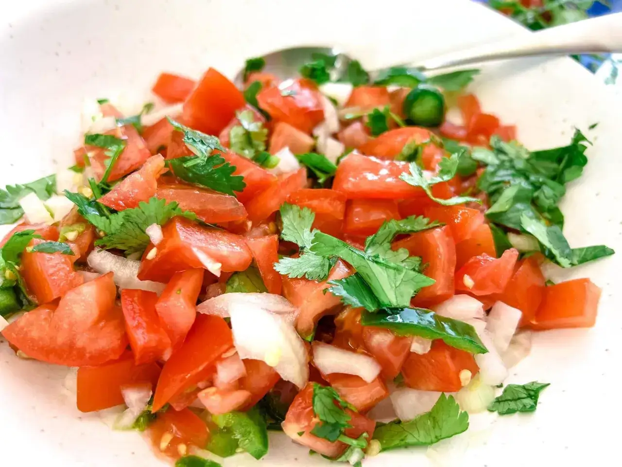 Un bol de pico de gallo frais, avec des d&eacute;s de tomates, oignons, coriandre et jalape&ntilde;os. Parfait pour accompagner vos plats mexicains.