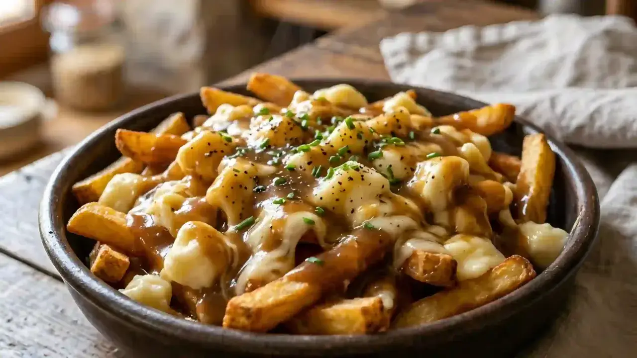 Un bol de poutine maison facile, garni de fromage en grains fondant, de sauce brune et de ciboulette. Un délice réconfortant !