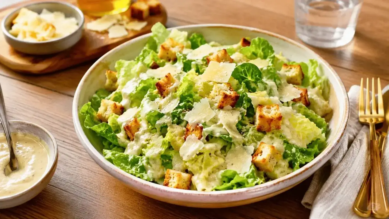 Une généreuse salade César, garnie de croûtons dorés et de copeaux de parmesan, prête à être dégustée.