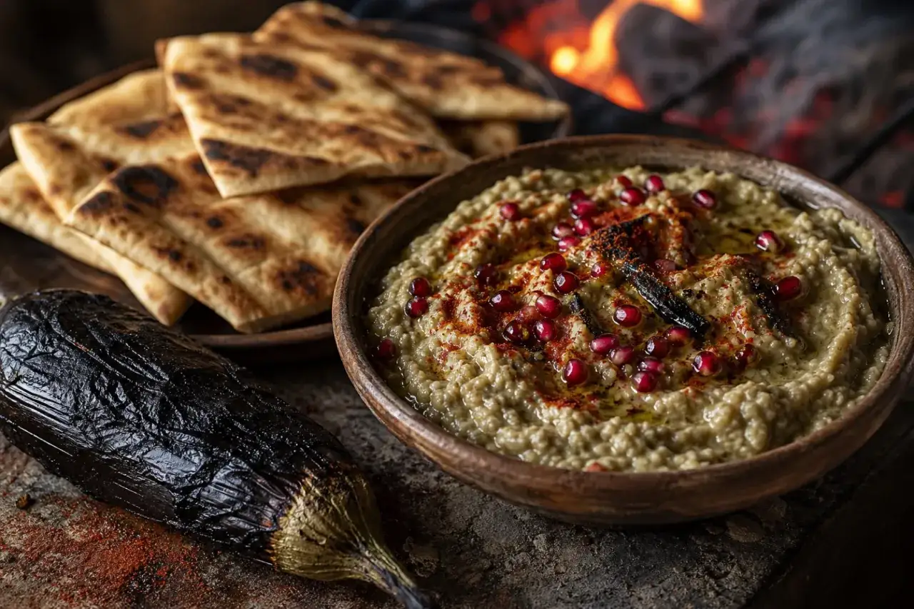 Un baba ganoush onctueux, garni de grenades et d'&eacute;pices, servi avec du pain pita grill&eacute; pr&egrave;s d'un feu de bois.