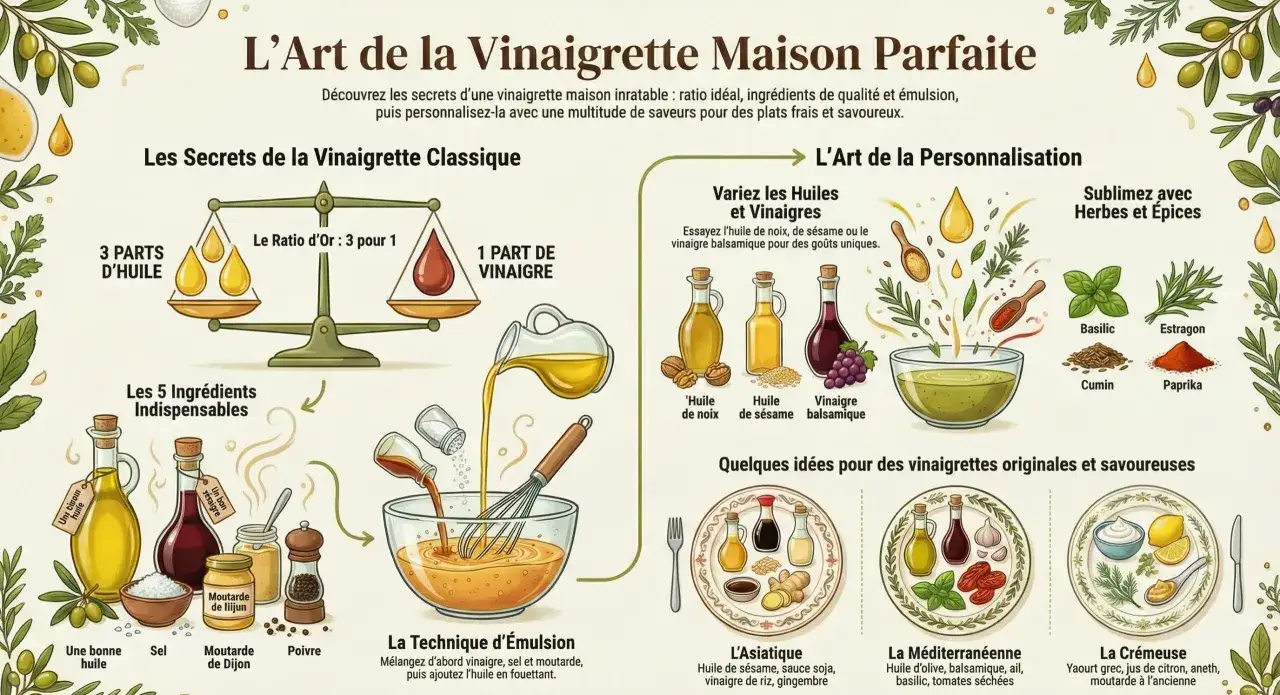 Illustration d'une recette de sauce salade facile : ratio, ingr&eacute;dients, &eacute;mulsion et personnalisation avec herbes et &eacute;pices.