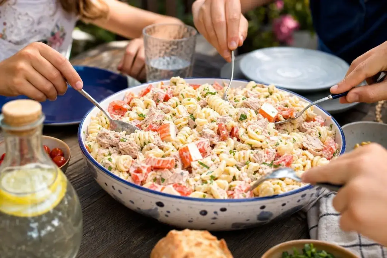 Un grand plat de salade de p&acirc;tes au surimi, tomates et thon, servi &agrave; plusieurs mains lors d'un repas ensoleill&eacute;.