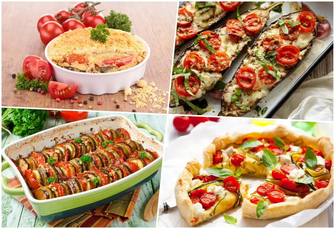 Quatre plats colorés à base de légumes, parfaits pour savoir comment manger léger le soir : gratin, aubergines farcies, ratatouille et tartelette.