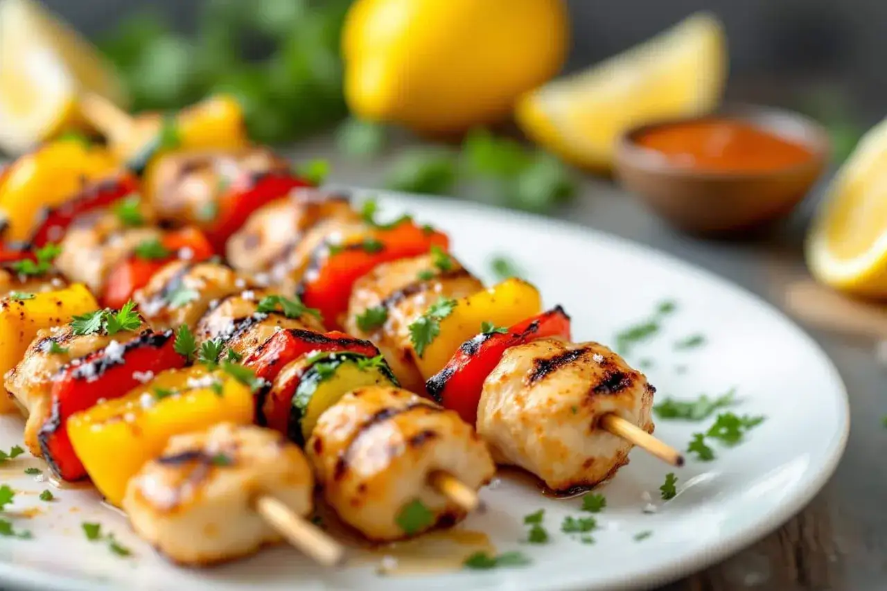 Brochettes de poulet grillé avec poivrons et courgettes, garnies de persil. Parfaites pour un repas d'été, voici quoi servir avec des brochettes de poulet.