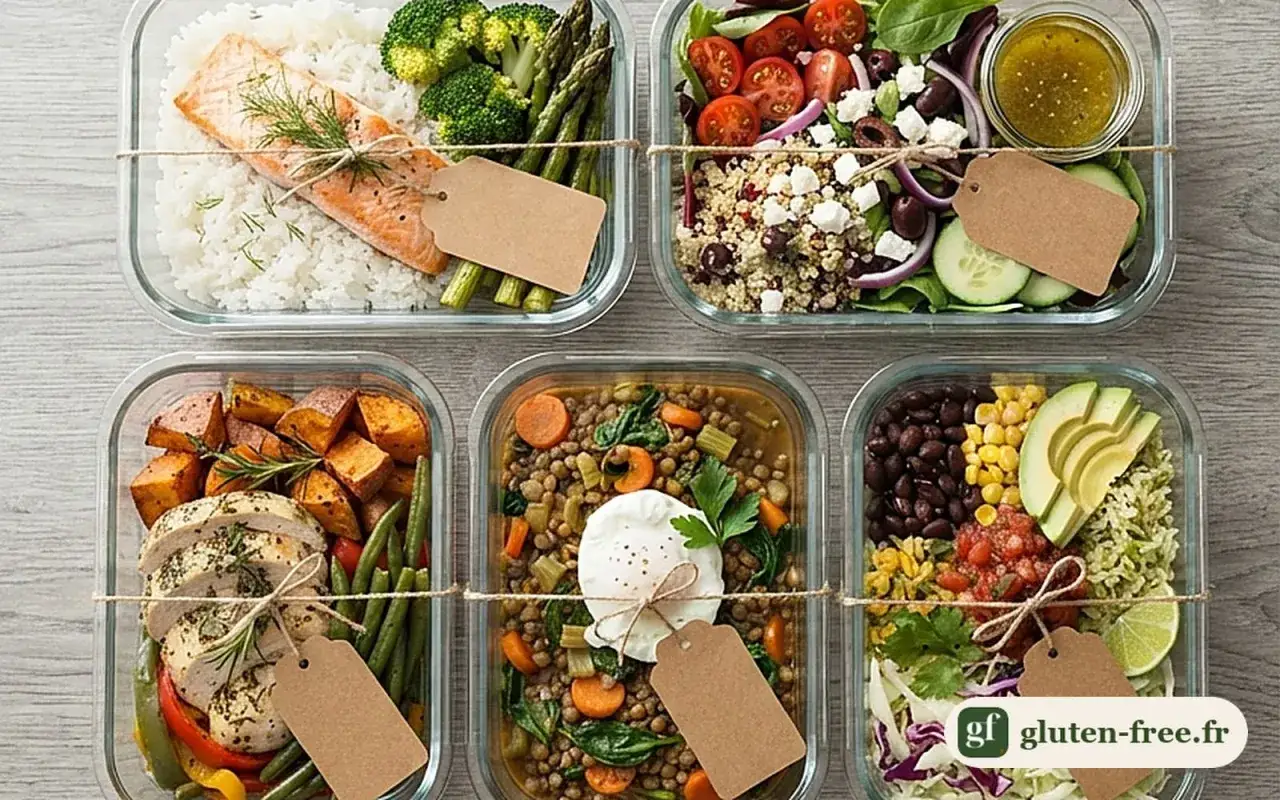 Pr&eacute;paration de repas sains et &eacute;quilibr&eacute;s pour la semaine, avec des options savoureuses de batch cooking sans gluten.