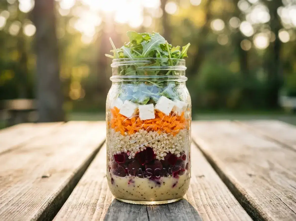 Salade &agrave; &eacute;tage color&eacute;e dans un bocal : betteraves, quinoa, carottes r&acirc;p&eacute;es, feta et roquette. Parfait pour un pique-nique.
