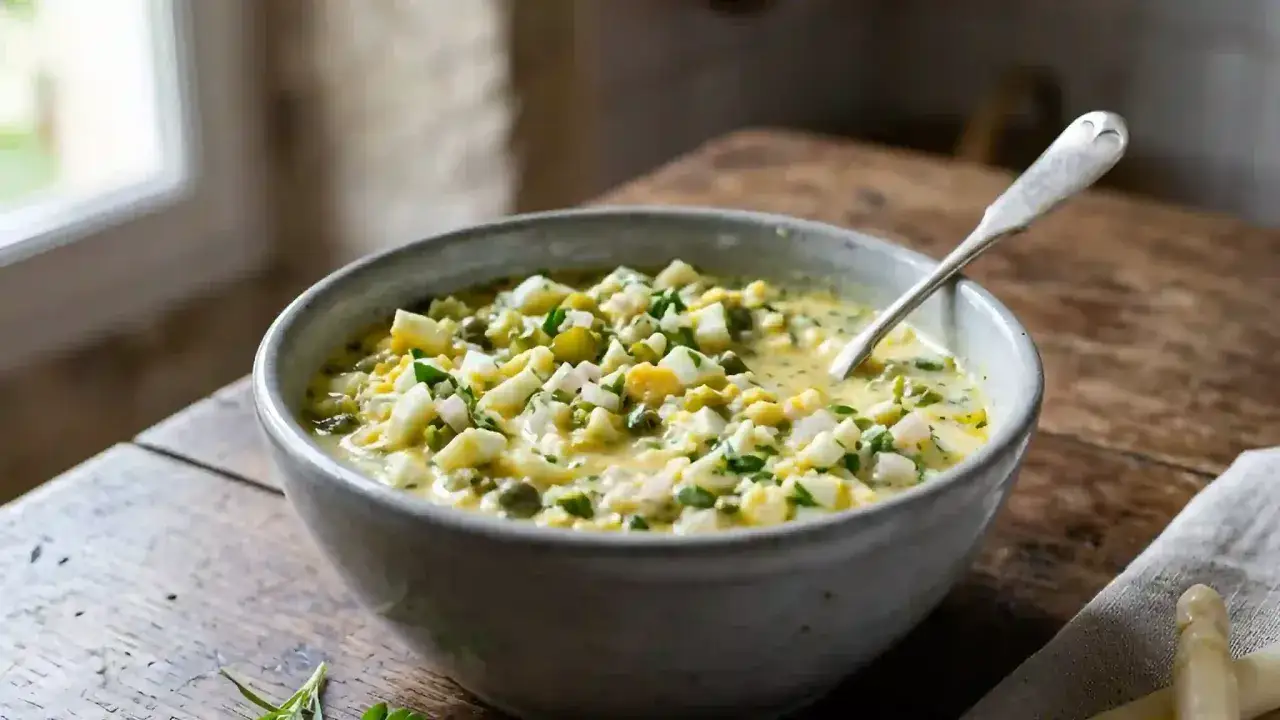 Un bol de sauce gribiche, garni d'&oelig;ufs durs hach&eacute;s, de c&acirc;pres et de persil, sur une table en bois.
