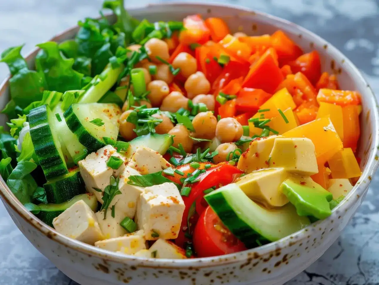 Salade colorée avec pois chiches, tofu, concombre, poivrons et avocat. Une excellente idée repas froid soir, fraîche et nutritive.