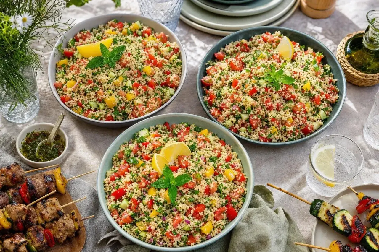 Trois grands bols de taboul&eacute; color&eacute;, garni de citron et de menthe, pr&ecirc;ts pour un repas d'&eacute;t&eacute; entre amis. Brochettes de viande et de l&eacute;gumes grill&eacute;s &agrave; proximit&eacute;.