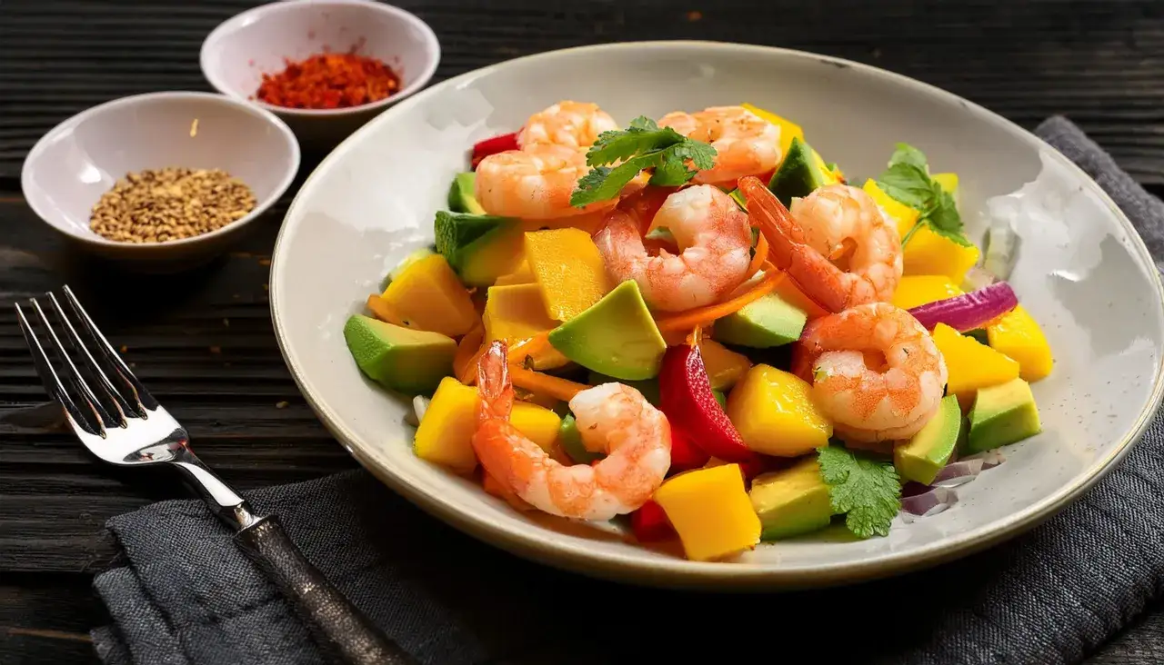 Salade colorée de crevettes, mangue, avocat et poivrons rouges, garnie de coriandre. Un délice frais et savoureux.