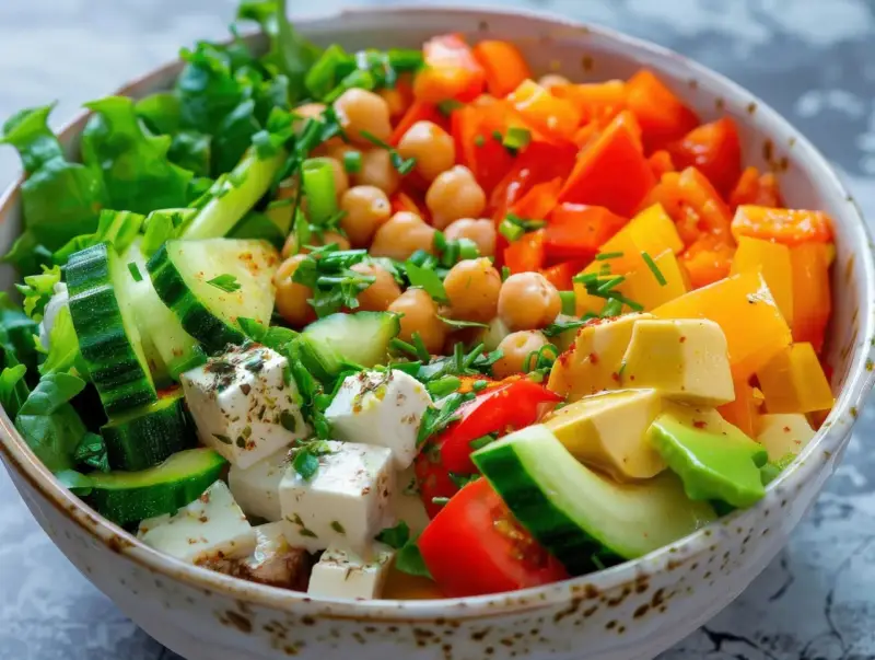 Un bol coloré de salade fraîche avec pois chiches, concombre, tomates, poivrons, avocat et feta. Parfait pour savoir que manger froid.