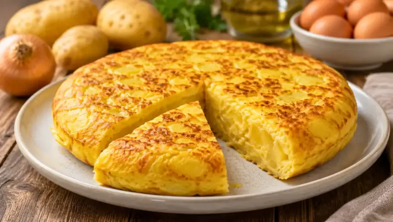 Une délicieuse tortilla espagnole, avec une part coupée, prête à être dégustée. Des pommes de terre et des oignons sont visibles en arrière-plan.