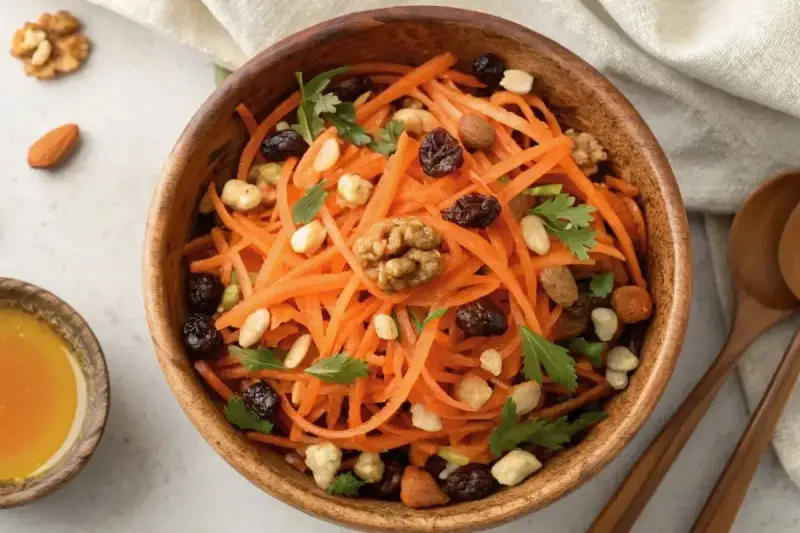 Salade de carottes râpées, garnie de noix, raisins secs et persil, dans un bol en bois. Un petit ramequin de miel est à côté.