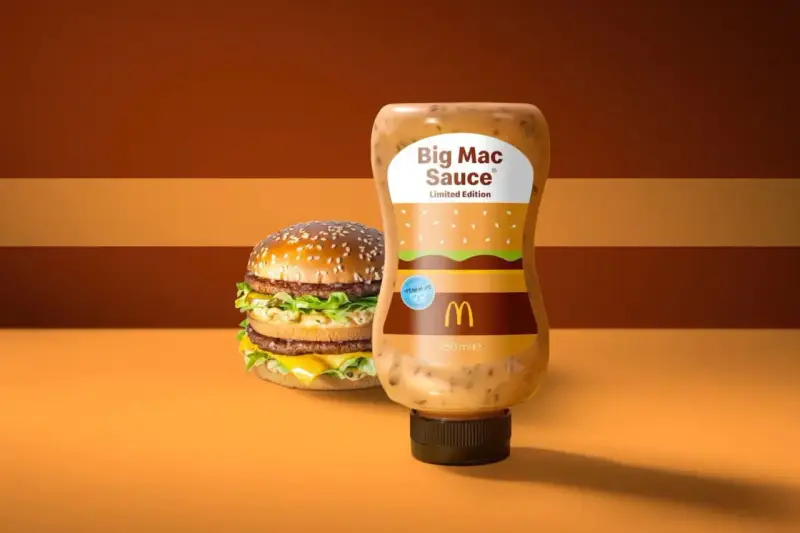 Bouteille de sauce Big Mac en édition limitée à côté d'un Big Mac. La sauce a un design inspiré du burger.