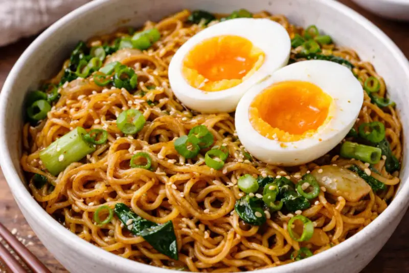 Un bol de ramen sauté garni d'œufs mollets, d'oignons verts et de graines de sésame. Un plat savoureux et réconfortant.